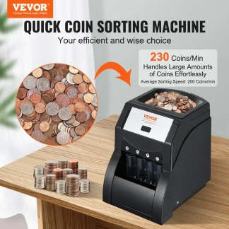 VEVOR USD Coin Sorter, Coin Sorter Machine for USD Coin 1 5 10 25, Sorts up to 230 Coins/min, Coin Sorter and Wrapper Machine Holds 200 Coins Included 4 Coin Tubes, Black