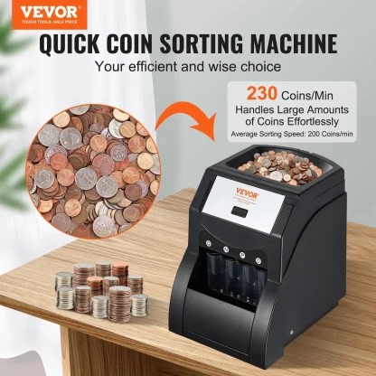 VEVOR USD Coin Sorter, Coin Sorter Machine for USD Coin 1 5 10 25, Sorts up to 230 Coins/min, Coin Sorter and Wrapper Machine Holds 200 Coins Included 4 Coin Tubes, Black
