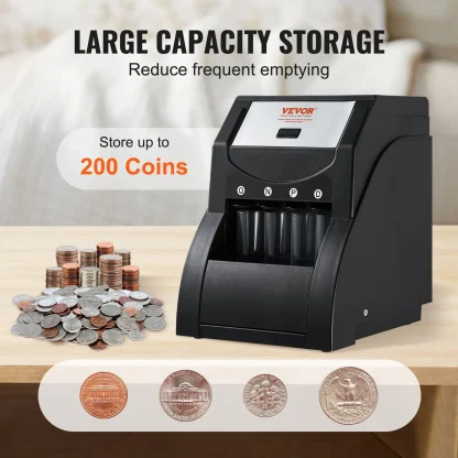 VEVOR USD Coin Sorter, Coin Sorter Machine for USD Coin 1 5 10 25, Sorts up to 230 Coins/min, Coin Sorter and Wrapper Machine Holds 200 Coins Included 4 Coin Tubes, Black - Image 2
