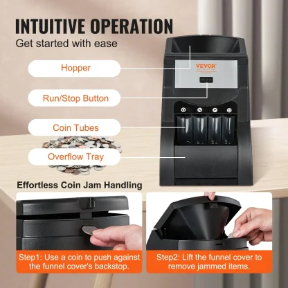 VEVOR USD Coin Sorter, Coin Sorter Machine for USD Coin 1 5 10 25, Sorts up to 230 Coins/min, Coin Sorter and Wrapper Machine Holds 200 Coins Included 4 Coin Tubes, Black - Image 3