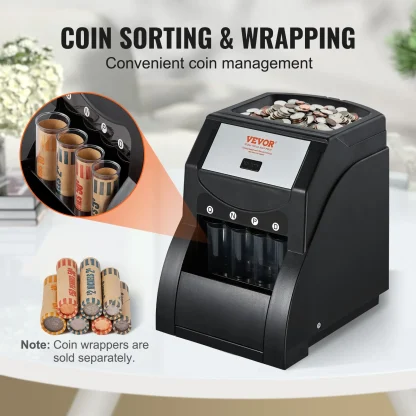 VEVOR USD Coin Sorter, Coin Sorter Machine for USD Coin 1 5 10 25, Sorts up to 230 Coins/min, Coin Sorter and Wrapper Machine Holds 200 Coins Included 4 Coin Tubes, Black - Image 4