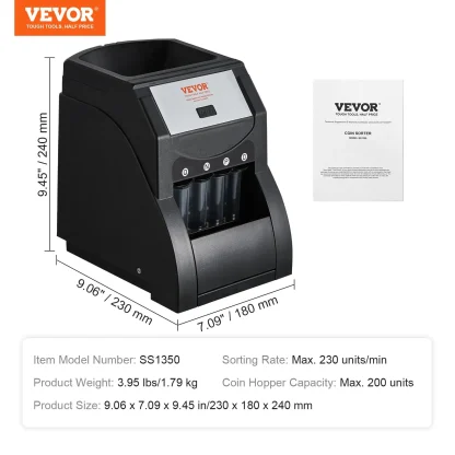 VEVOR USD Coin Sorter, Coin Sorter Machine for USD Coin 1 5 10 25, Sorts up to 230 Coins/min, Coin Sorter and Wrapper Machine Holds 200 Coins Included 4 Coin Tubes, Black - Image 6